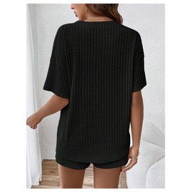 SweatyRocks Women's Maternity 2 Piece Outfits V Neck Short Sleeve Top and Elastic Waist Shorts Set Black Medium