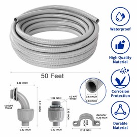 (1/2" Dia * 50 Feet) Yariwiz Flexible Electrical Conduit Liquid Tight PVC Conduit Kit with 5 PCS Coupling, 3 PCS Elbow and 10 PCS Strap, Sealtight Seal Flex Liquidtight Wire Outdoor Non Metallic Grey