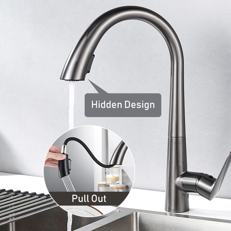 360°Swivel Pull Out Kitchen Faucets with 2 Spray Modes High