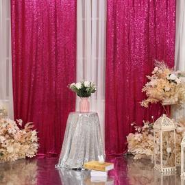 Poise3EHome 2Pcs 3Ft x 8Ft Hot Pink Sequin Backdrop Curtain, Glitter Photography Background, Sequence Xmas Thanksgiving Backdrop for Wedding Party Holiday Festival Decor