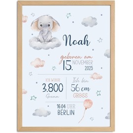 SpecialMe® Baby Poster personalisiert mit Geburtsdaten – Geburtsposter mit Elefant Wolken Sternen – Name Datum Größe Gewicht – Geschenk Geburt