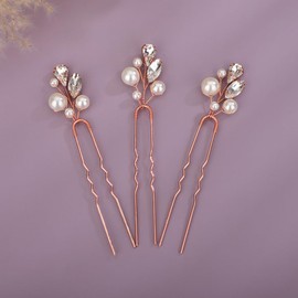 Teyglen Crystal Bride Wedding Hair Pins Pearl Hair Pins Clips Wedding Hair Accessories for Bride Rhinestone Pearl Headpiece Crystal Bridal Hair Piece for Women Girls (Rose gold)