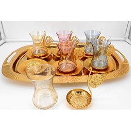 Gold color Set of 6 tea cups with saucer, metal cup holder & tray/Moroccan drink ware/Home decorative