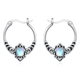 LELOUCHY Vintage Square/Heart Cut Moonstone Hoop Earrings 925 Sterling Silver 19MM June Moonstone Boho Style Hoop Earrings for Women Gifts, Sterling Silver, Moonstone
