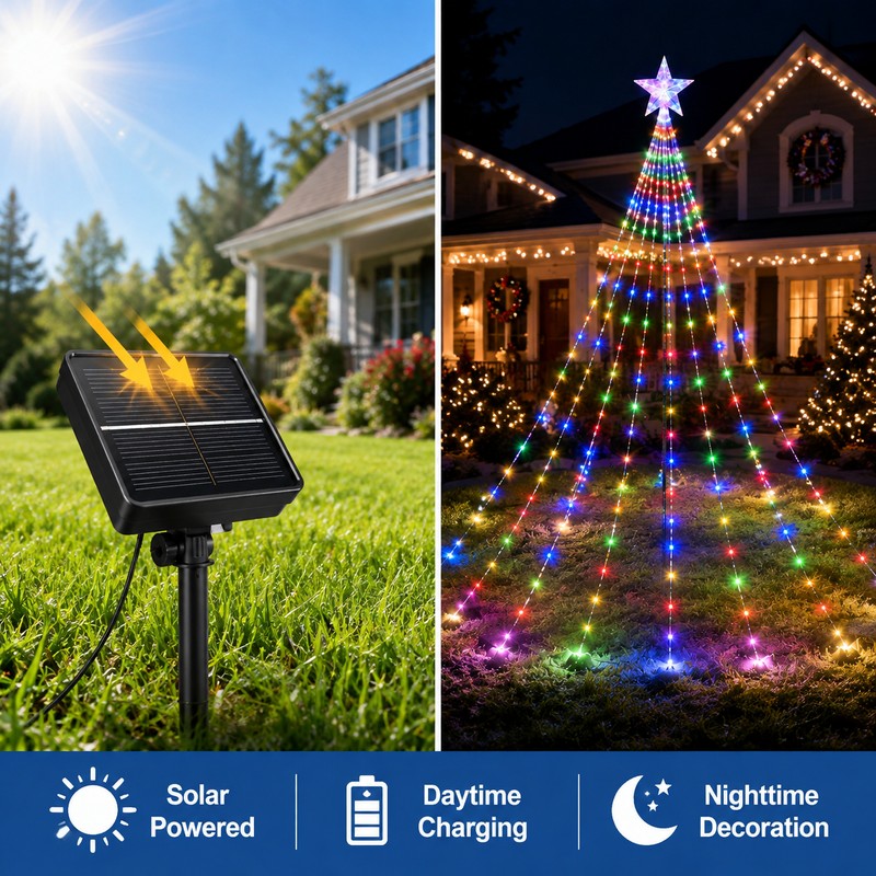 Solar Christmas Tree Waterfall Lights for Outdoor Decor – 9-Strand