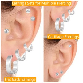 Stainless Steel Gold/Silver Plated Hoop Earrings for Women, Hypoallergenic 14k Gold Hoops Huggie Earrings Lightweight Cartilage Small CZ Ball Flatback Studs Earring Pack for Multiple Piercing, 22/16mm