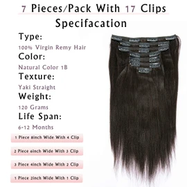 Anrosa Yaki Clip in Hair Extensions Human Hair for African American Relaxed Hair for 7 Piece 120 Gram, Natural Color Hair 12 Inch