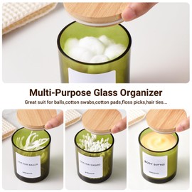 unisence 2 Pack Glass Qtip Holder Dispenser Set - Q Tip Holder for Bathroom Canister Qtip Dispenser with Lid for Cotton Balls, Swabs, Floss Picks, and Makeup Sponges ,Olive Green,Large Capacity