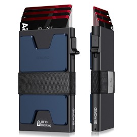 SEMORID Mens Wallet, Slim Wallet for Men, Pop Up Credit Card Holder RFID Blocking, Minimalist Metal Wallet with Cash Band, Aluminum Wallets (Black+Blue)