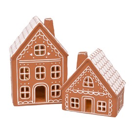 Mark Feldstein & Associates Ceramic Iced Gingerbread Houses Holiday Pre Lit LED Village Figurines, Set of 2, 9 Inch