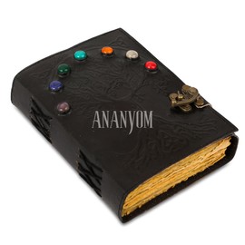 ANANYOM Handmade Leather Journal, Black, Tree Of Life 7 Chakra Design Notebook Diary, Sketchbook with Brass Clasp Lock, Embossed Journal for Men & Women, Office Journal Deckle Edge Unruled 200 Pages,