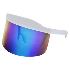 FLAWLESS EYEWEAR Futuristic Oversize Shield Visor Sunglasses Flat Top Mirrored Mono Lens 172mm (White Blue)
