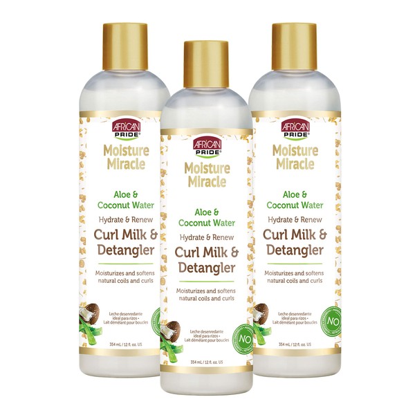 African Pride Moisture Miracle Hydrate & Renew Curl Milk & Hair Detangler (3 Pack), For Natural Coils & Curls, Hydrates & Controls Frizz, 12 oz