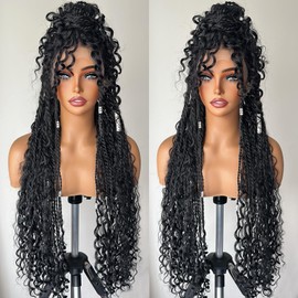 FABÉLLE Full Lace Braided Wigs Knotless Box Braided Wig with Boho Curls Natural Black Boho Braided Wig for Black Women Bohemian Braided Lace Front Wigs 30 Inch