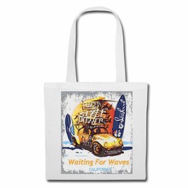 Reifen-Markt Tasche Umhängetasche WAITING FOR WAVES SURFEN BEACH SURFBRETT LONGBOARD WELLENREITEN WELLEN ANFÄNGER SHOP Einkaufstasche Schulbeutel Turnbeutel in Weiß