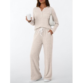 LILLUSORY Womens 2 Piece Lounge Sets Fall Outfits Henley Neck Sweater 2025 Matching Sweat Suits Comfy Pajamas Clothes Pockets Apricot 2XL