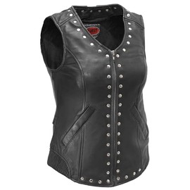 First Mfg Co - Empress - Women's Motorcycle Biker Riding Black Leather Vest - Medium - Conceal Carry Pockets Accordian Stretch Relief Rivet and Corset Detailing