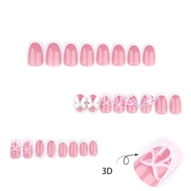 QQPPOLIU Press on Nails for Women, Short Press on Nails Square French Tip Glue on Nails Pink False Acrylic Nails with Design Artificial Nails Press Ons 24pcs