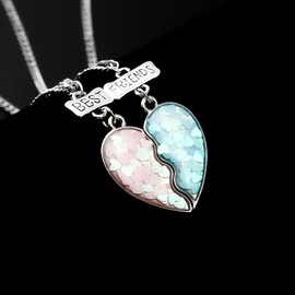 Bff Friendship Necklace for 2 Girls Matching Necklaces for Best Friends Birthday Gifts for Best Friend Puzzle Heart Necklace for 2 Teen Girls Christmas Necklaces for Bestie Blue Pink Sequin Best Friend Forever Necklace Set