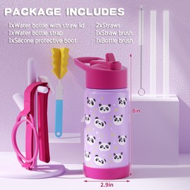 FROSCOLD Kids Insulated Water Bottle with Straw Lid, 14oz Double Wall Stainless Steel Cup with Boot & Strap, Leakproof Vacuum Insulated Kid Water Bottle for School Boys Girls (Panda)