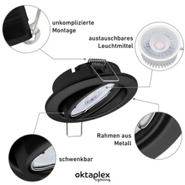 6x Octaplex Spotlight Pivoting Dijon with Nice LED Module 4.8 W 230 V 4000 K 380 lm Neutral White 110° Ceiling Spotlights Black Hole Size 68 mm