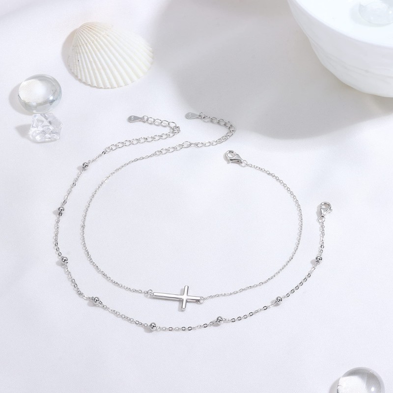 ZELORES 925 Sterling Silver Cross Anklets For Women White Gold