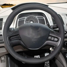Loncky Black Genuine Leather Steering Wheel Cover for Honda Civic Old Honda Civic 2006 2007 2008 2009 Custom Fit Hand Stitched OEM Car Interior Parts Accessories