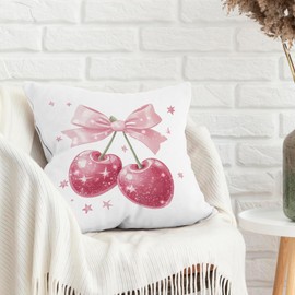 MNASAIOO Pink Coquette Bow Cherry Decorative Throw Pillow Covers, Preppy Pillows Covers for Girly Room, Trendy Pillow Cases Decor for Couch Bedroom Dorm 18x18in