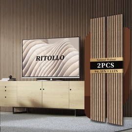 RITOLLO Wood Slat Panels for Wall 2-Piece 94.5"×11" Acoustic Panels for Interior Wall Decor 3D Fluted Sound Absorbing Panel - Natural Walnut