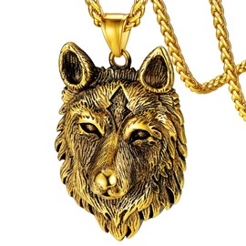 Mens Wolf Necklace 18K Gold Plated Steel Nordic Viking Jewelry Scandinavia Decorations Charms Amulet Gift for Father