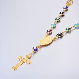 U7 Women Mens 18K Gold Plated Stainless Steel Link Colorful Evil Eye Beaded Rosary Necklace With Crucifix and Medal