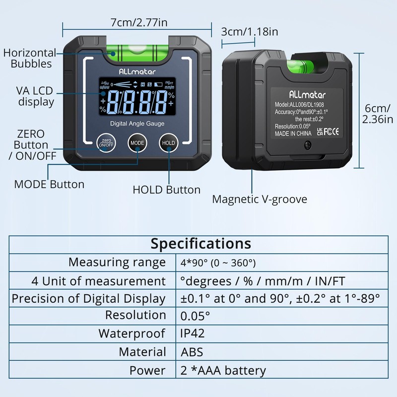 ALLmeter Digital Angle Gauge,0.05° High Precision Inclinometer with Magnetic Base