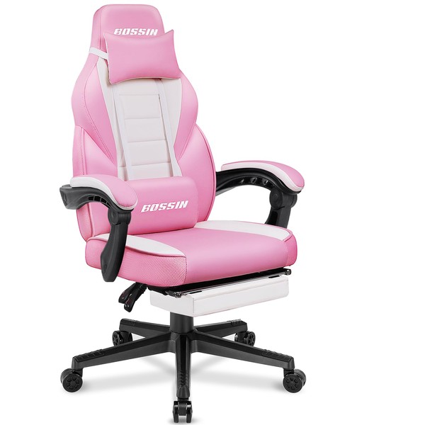 BOSSIN Gaming Chair, Leather Computer Desk Chair with Footrest and Headrest, Ergonomic Heavy Duty Design, Large Size High-Back E-Sports, Big and Tall Gaming Chair