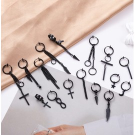 REVOLIA 16 Pieces Stainless Steel Hoop Dangle Earrings for Men Women Non-piercing Earrings Hinged Huggie Earrings Set Non-piercing B