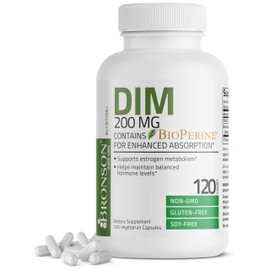 Bronson DIM Supplement 200 mg Diindolymethane with BioPerine for Enhanced Absorption, Estrogen Metabolism & Maintains Balanced Hormone Levels, 120 Vegetarian Capsules