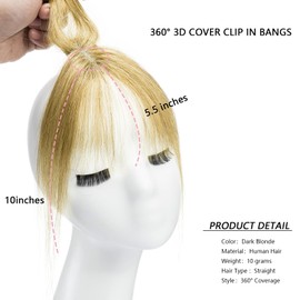 DILUSILK 100% Real Human Hair Toppers with Bangs 360° 3D Coverage Clip in Bangs for Women Bangs Hair Clip with Fringe Hairpieces for Daily Wear Dark Blonde