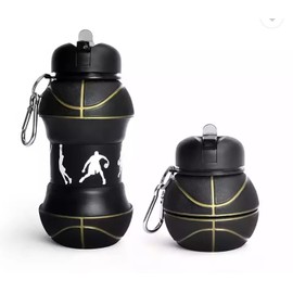 MADIOLA Botella Agua Plegable Deportiva Forma de Balón Fútbol Basquetbol Beisbol Tenis, Termo Niños Portable. Botella Plegable para Viaje Deportes. Regalo de Navidad, Cumpleaños, Reyes (Basket_Ngro)