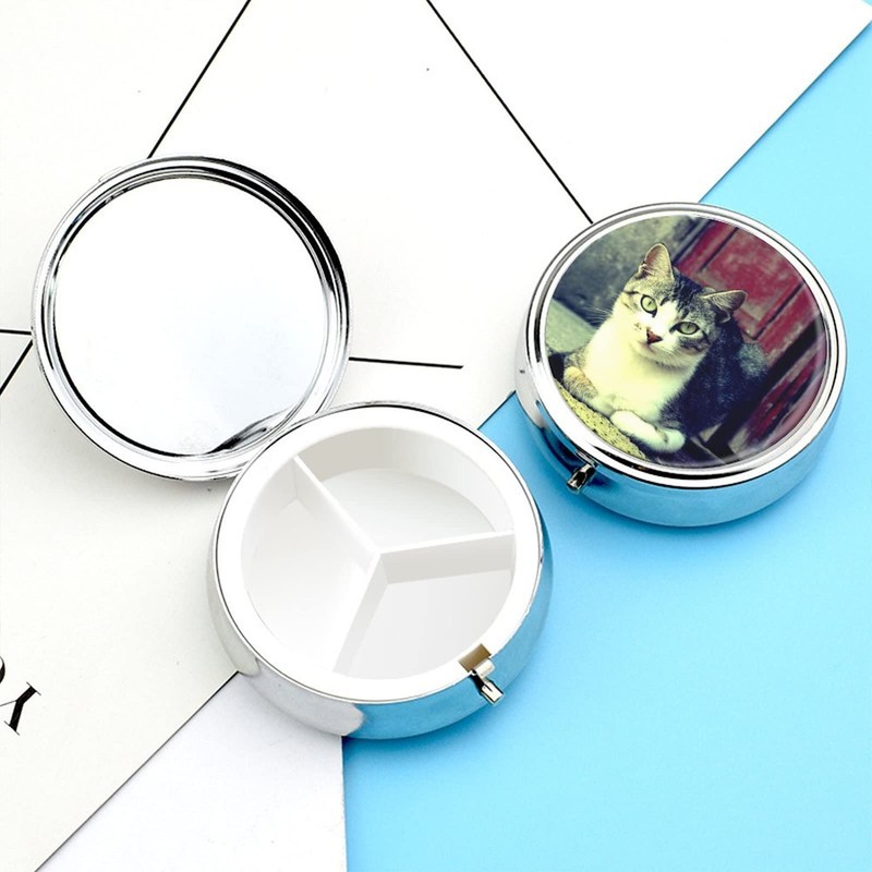 Metal Pill Box, 3 Compartment Pill Case, Round Small Pill