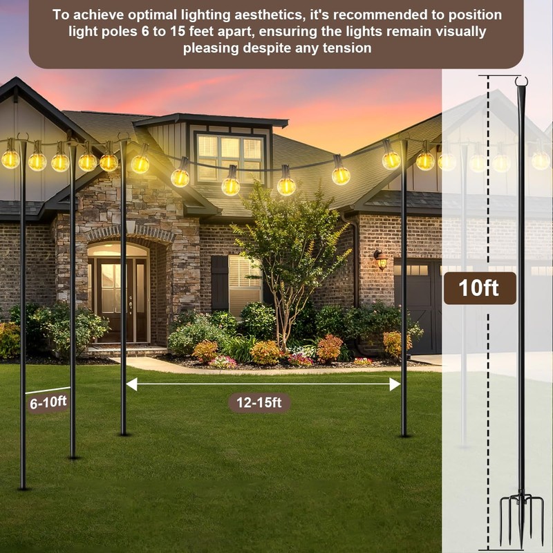 MuliVid 6 Pack 10FT String Light Poles for Outdoor,Metal Lights
