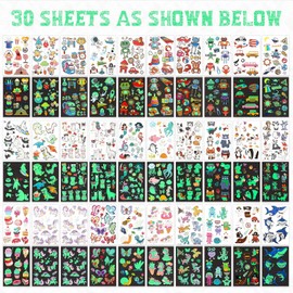 30 Sheets 400 Pieces Glitter Temporary Tattoos for Kids Waterproof Butterfly Mermaid Unicorn Cartoon Stickers Glow Tattoo for Girls Birthday Party Favors Goodie Bags Fillers(Luminous Pattern)
