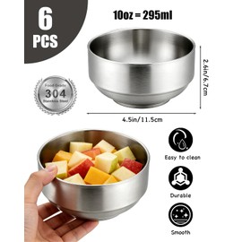 Zitonyang Stainless Steel Bowls, 6 Pack Double Wall Insulated Bowls Stainless Steel Soup Bowl, Metal Mixing Bowl For Cereal, Soup, Ice Cream, Rice, Noodles, Salad, Snacks(10 oz)