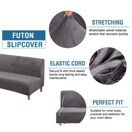 H.VERSAILTEX Real Velvet Futon Cover Armless Sofa Covers Sofa Bed Covers Stretch Futon Couch Cover Sofa Slipcover Furniture Protector Thick Soft Velvet Fabric Form Fitted Stay in Place, Grey