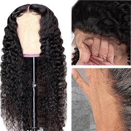 Lakaisa Human Hair Curly Wave Human Hair Wig 4 x 1 Lace #1B Natural Black Glueless Wear and Go Wig Women's Real Hair Bleached Knots Pre Plucked Hairline with Baby Hair for Woman 28 Inches