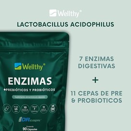 Wellthy Enzimas Digestivas 90 Cápsulas. Reforzado con Prebioticos y Probioticos. 10 Billones de Porbioticos 11 Cepas, 7 Enzimas, Bottle Free.