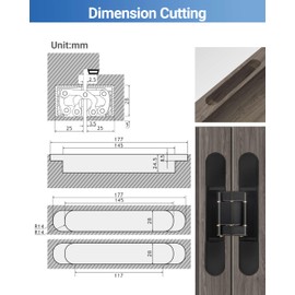 Invisible Door Hinges (4 pcs) -7 Inch Black Hidden Hinges for Doors, 3 Way Adjustable & 180 Deg Swing & Upgraded Copper Support Invisible Hinge, Heavy-Duty Concealed Door Hinges 177Lbs Load-Bearing
