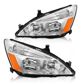 AXLAHA for 2003-2007 Honda Accord Headlights Assembly compatible with 2003 2004 2005 2006 2007 Honda Accord 2/4dr Chrome Housing Amber Reflector Clear Lens Replacement Driver and Passenger Side
