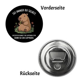 Capybara Motivation Magnet with Bottle Opener - Be Always You Yourself Illustration of a Round Brown Chubby Capybara Fruit Eating