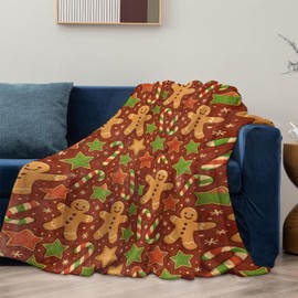 Mounidso Gingerbread Cookie Blanket Gifts for Women Adults Girls Kids, Cute Gingerbread Men with Candy Canes Flannel Blankets for Bedroom, Camping, Couch, Room Decor, Fuzzy Warm Soft Cozy 50 x 60 in