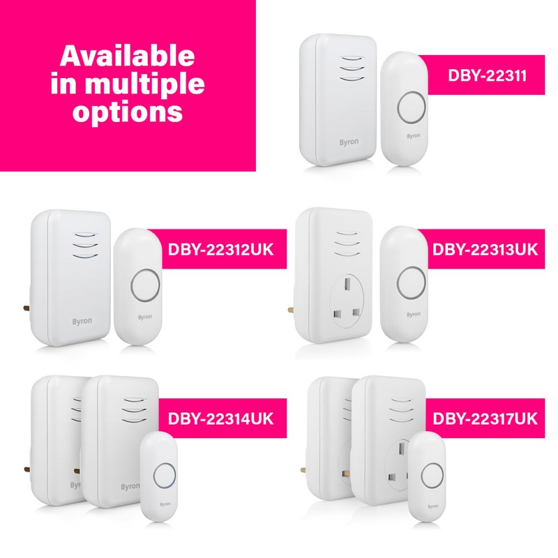 Byron Wireless Doorbell Set, Plug-In Chime, 150m Range, 16 Melodies,