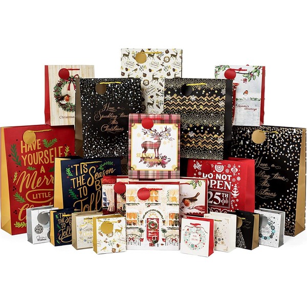 24 Count Gift Bags for Christmas Bulk Set includes 4 Jumbo 6 Large 6 Medium 8 Small for Wrapping Holiday Gifts